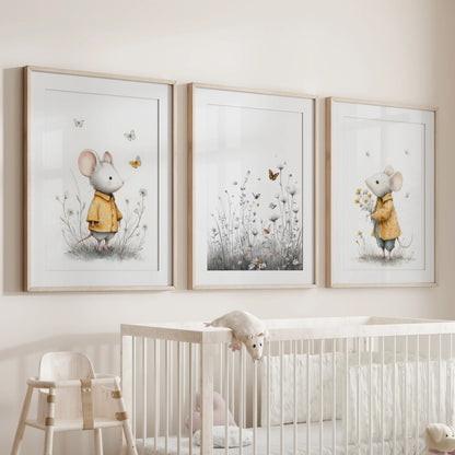 Gentle mouse posters, a three-piece wall art set in warm wood frames with mats, hung above the crib to finish a sweet baby nursery wall.