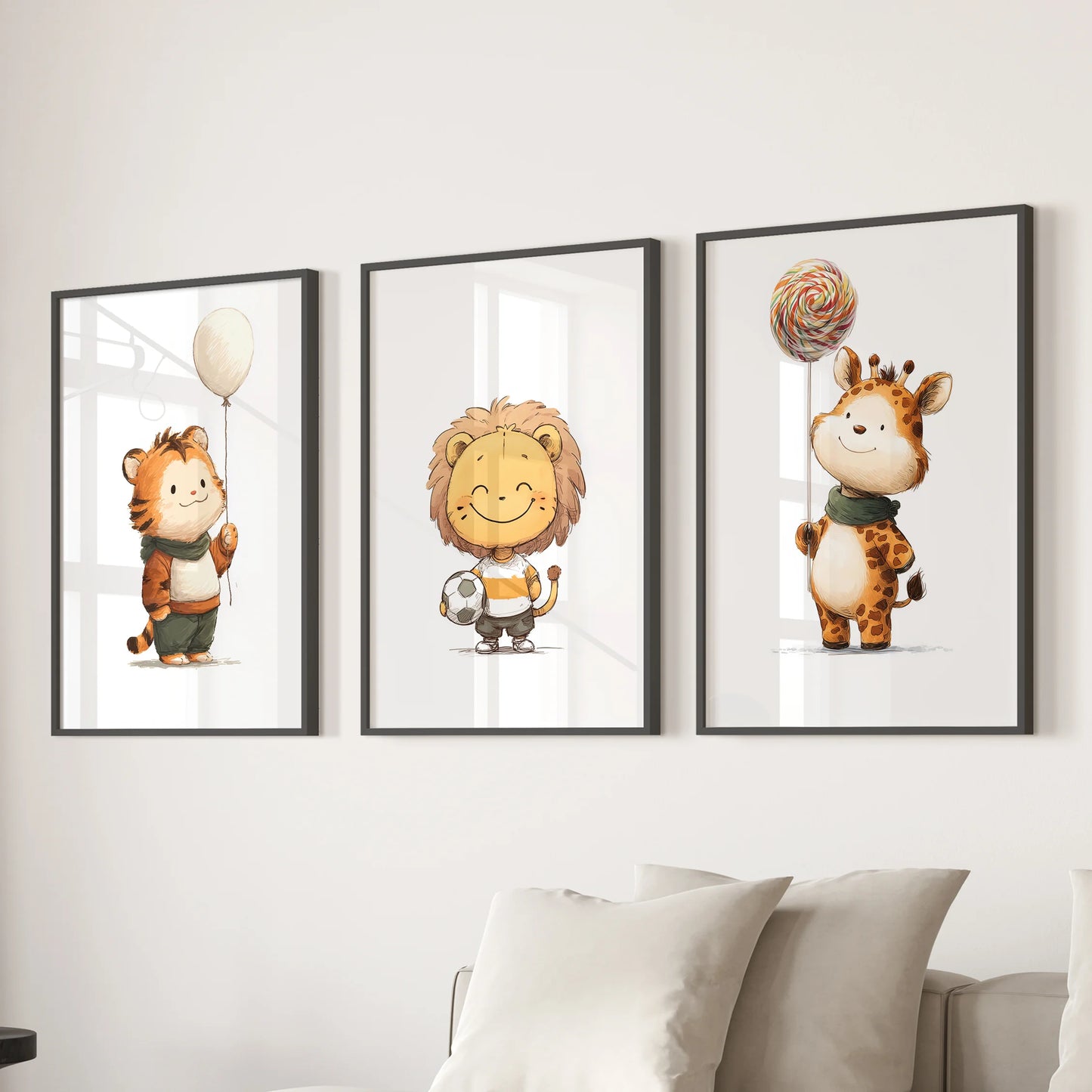 Baby tiger, lion, and giraffe set of three wall art prints, black framed, displayed over the couch in a relaxed modern lounge.