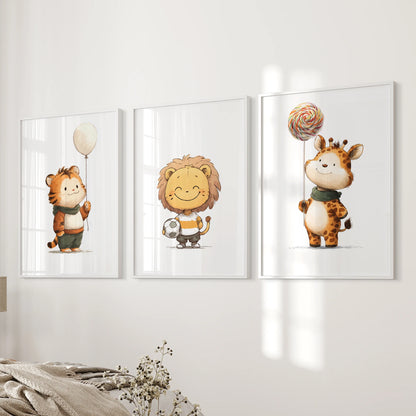 This three-print wall art set featuring lion, tiger, and giraffe cubs adds gentle character beside the bed, framed in crisp white for a calm bedroom.