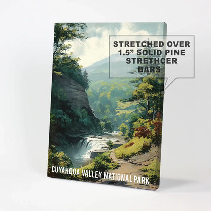A bright canvas wall art print shows lush greens inspired by Cuyahoga Valley, layers of trees and trails perfect for a clean, natural accent.