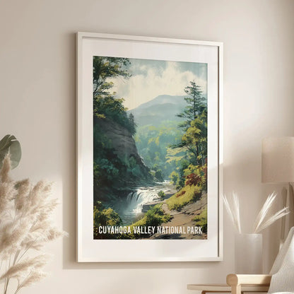 Forested river valley view decorative wall art, with a white mat frame, fits nicely near a reading chair in the lounge, its greens calm and inviting.