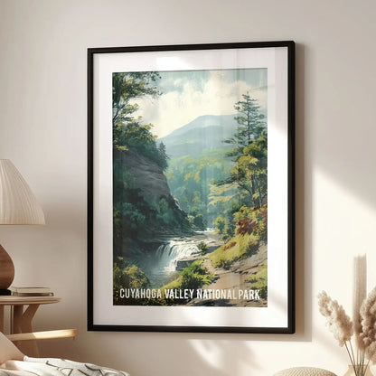 An individual framed wall art of an Ohio waterfall, matted in black, adds a cool, misty feel above a cozy chair in the family room.