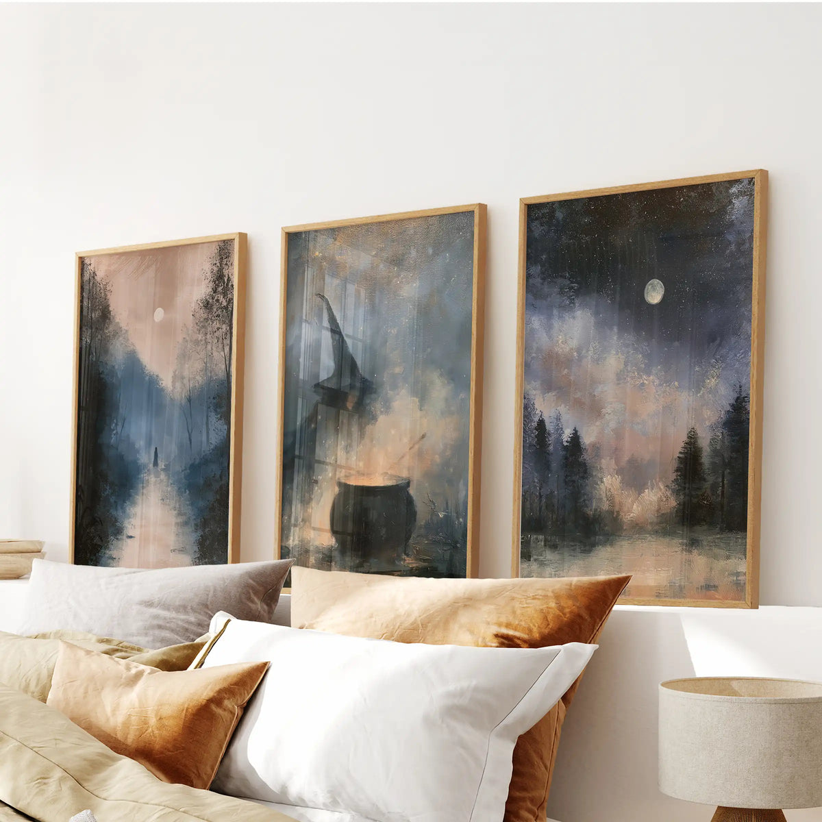 Witch silhouette wall art in three warm wooden frames sits above the headboard, bringing a subtle gothic note to the bedroom.