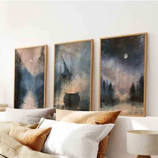 Witch silhouette wall art in three warm wooden frames sits above the headboard, bringing a subtle gothic note to the bedroom.