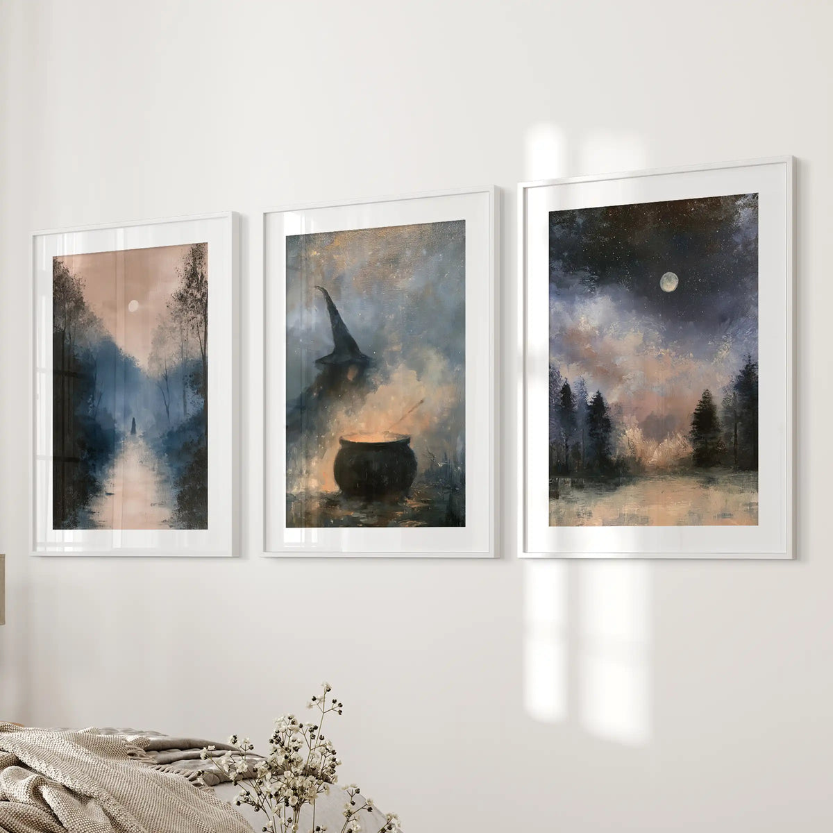 Moonlit forest three piece wall decor, white frames with mats, tailored for a bedroom wall next to the bed to add a hushed, magical glow.