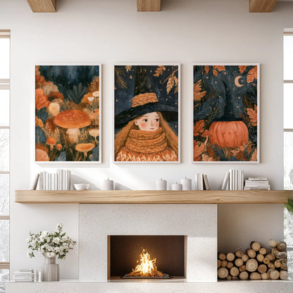 Dark cottagecore witchcraft motifs span a set of three wall prints in white frames, centered above the family room mantel.