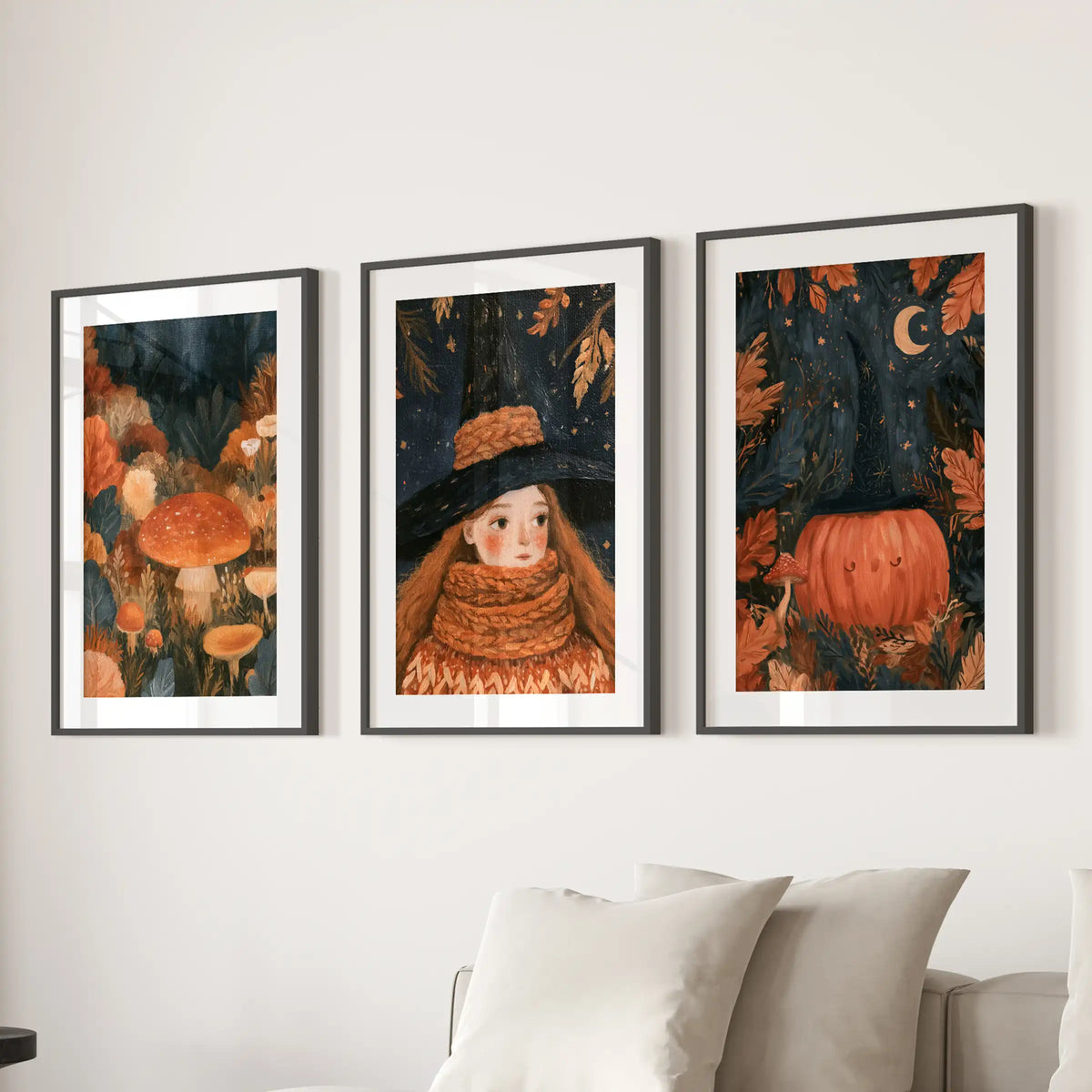 Autumn forest witch, a trio of wall prints, suits the lounge behind the couch, presented in black frames with mats for a storybook, dusky vibe.