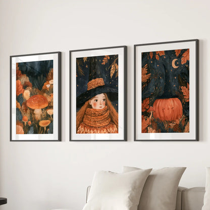 Autumn forest witch, a trio of wall prints, suits the lounge behind the couch, presented in black frames with mats for a storybook, dusky vibe.