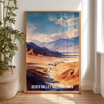 A wood-framed Death Valley panorama rests on the bedroom floor, its standalone artwork bringing calm adventure without being hung.