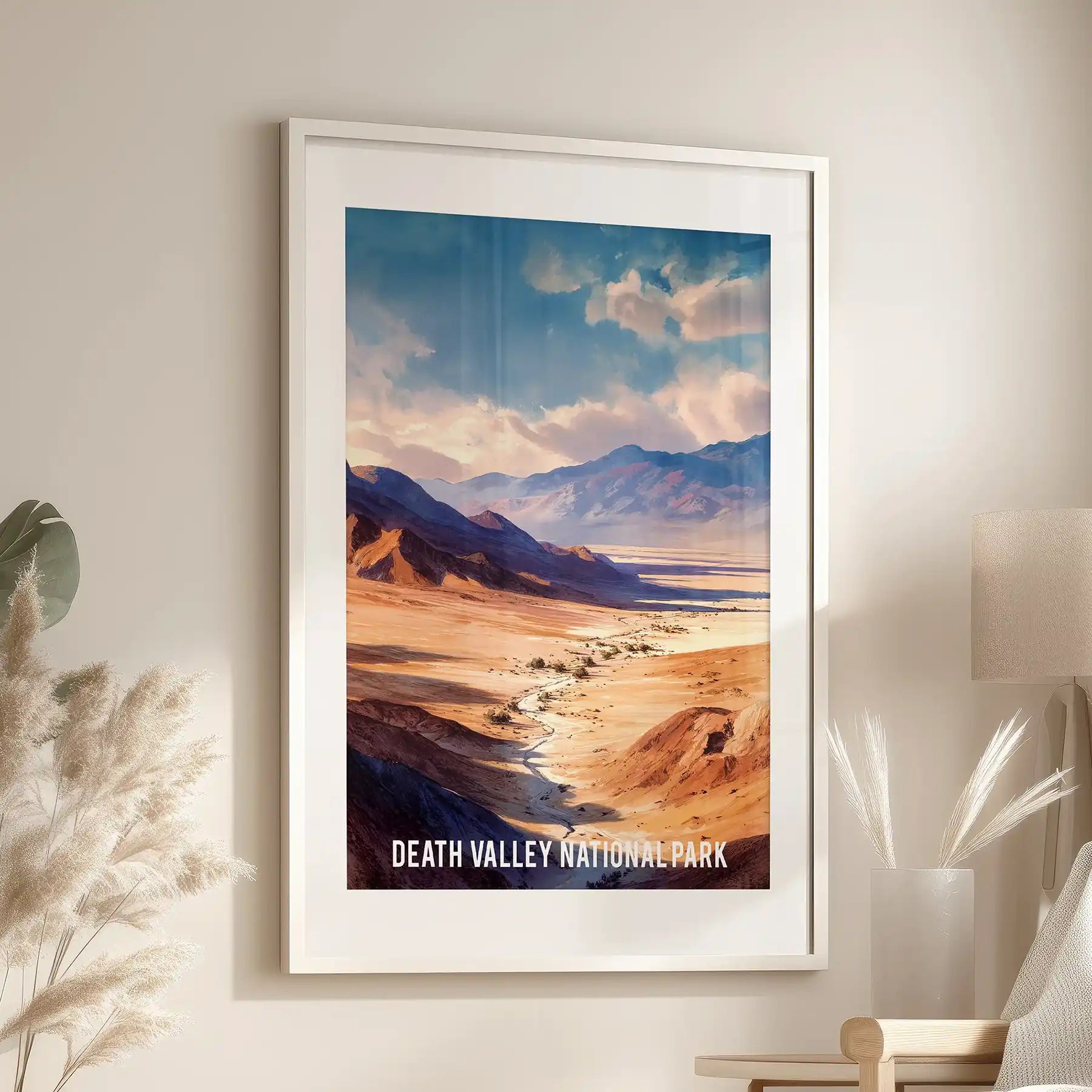 Desert canyons in California-Nevada home wall art, shown in the living room over an accent chair, set off by a white frame with a white mat to keep the scene crisp.