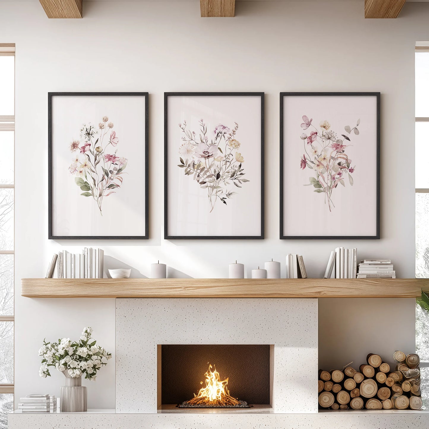 A trio of delicate plant illustrations in slim black frames forms elegant wall art above the hearth, lending quiet charm to the sitting room.