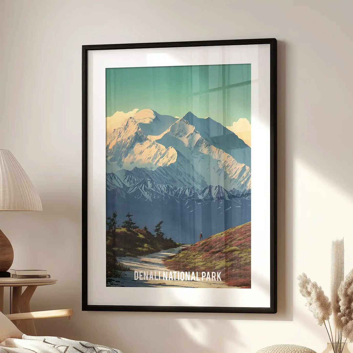 Alaska wilderness glacier landscape single art print adds crisp scenery to the sitting room, set in a black frame with white mat and placed near the reading chair.
