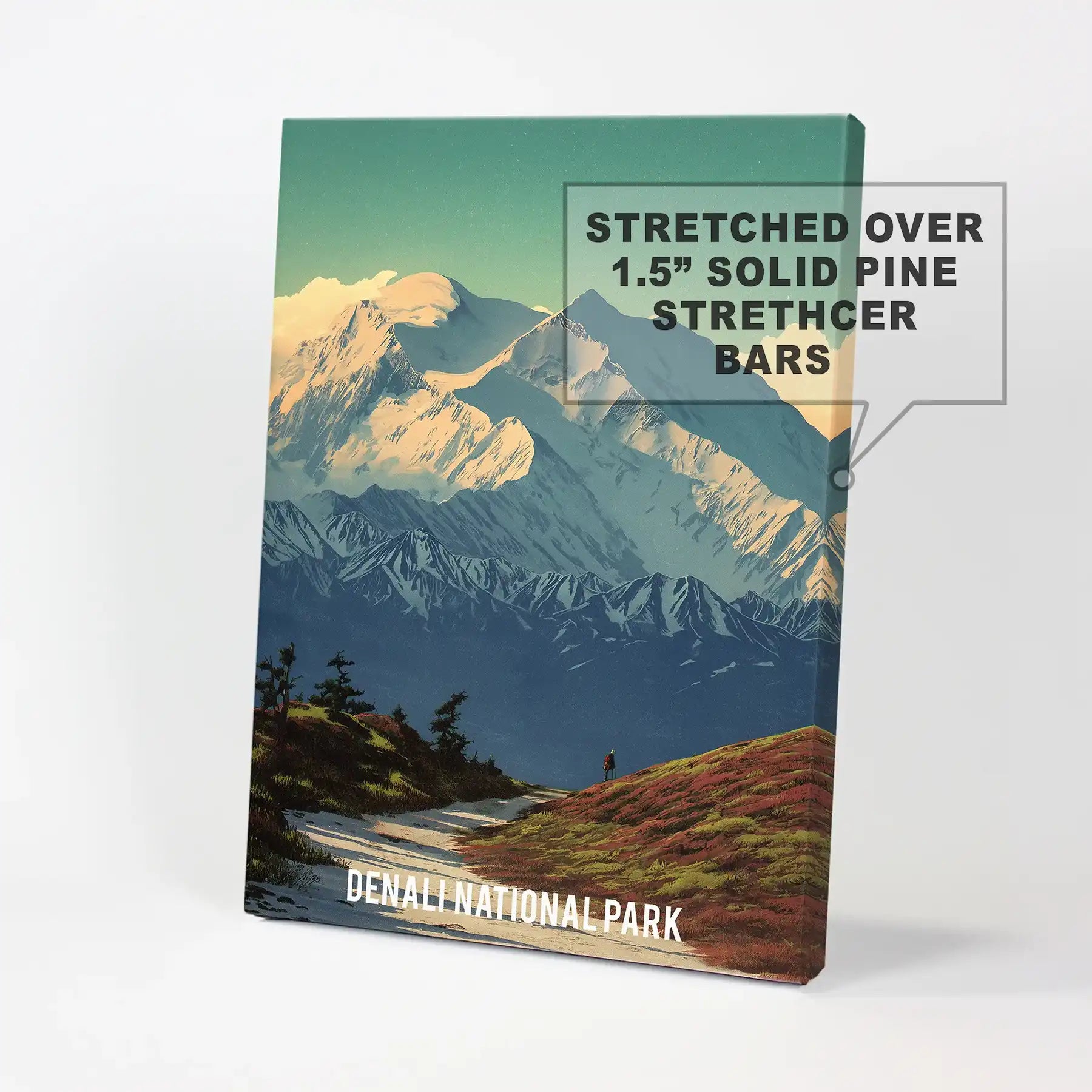 Hiking landscape in Alaska wall art piece is rendered on stretched canvas, showcasing Denali’s rugged peaks and glaciers in painterly detail for a crisp, modern look.