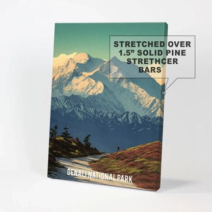 Hiking landscape in Alaska wall art piece is rendered on stretched canvas, showcasing Denali’s rugged peaks and glaciers in painterly detail for a crisp, modern look.