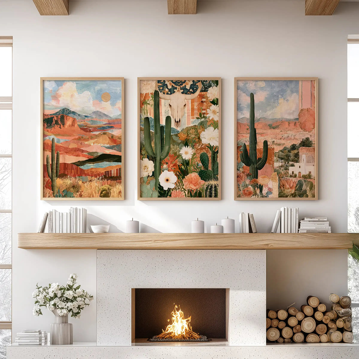 A three-print Southwestern scenery gallery wall warms the family room above the hearth, set in wooden frames that echo its earthy palette.