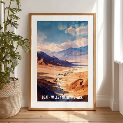 Death Valley National Park landscape wall picture in a black framed print with mat, styled on the bedroom floor for a casual, ready-to-hang vibe beside a nightstand.