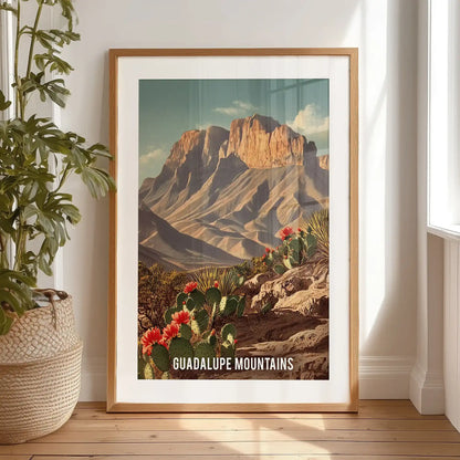 McKittrick Canyon art print, propped on the bedroom floor by the window in a black frame with a wide mat, rests as striking wall art with canyon light and color.