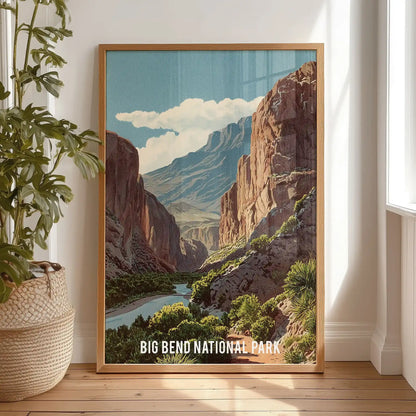 Big Bend National Park landscape statement art print in an oak wood frame rests against the bedroom wall, delivering warm desert tones in a modern, clean style.
