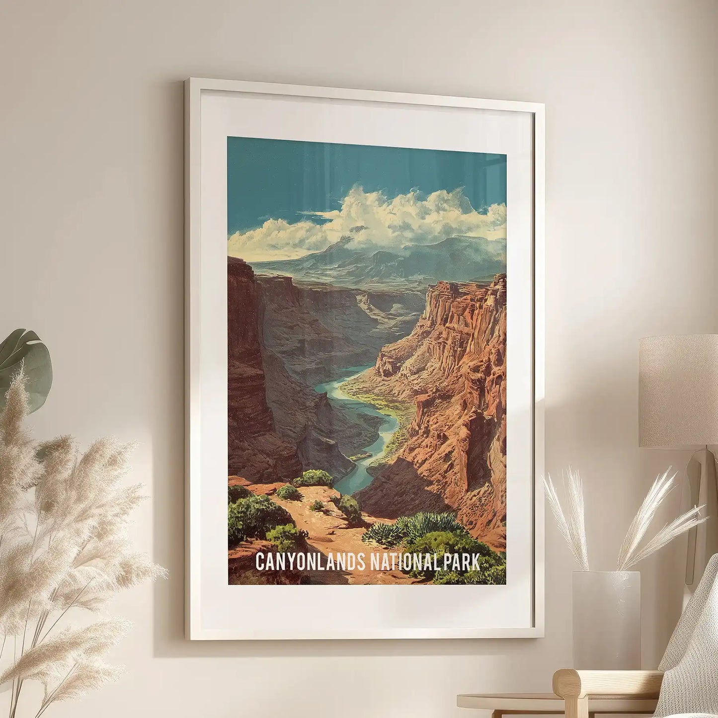 Vintage national park poster single panel wall art, set in a white mat frame, lends retro travel charm to the family room over the chair.