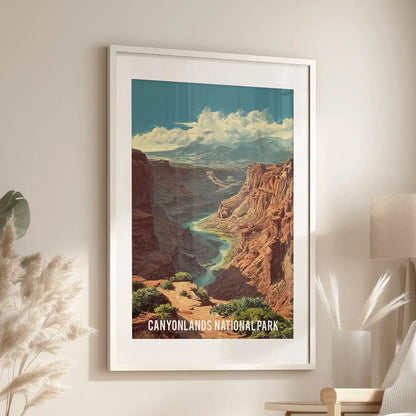 Vintage national park poster single panel wall art, set in a white mat frame, lends retro travel charm to the family room over the chair.