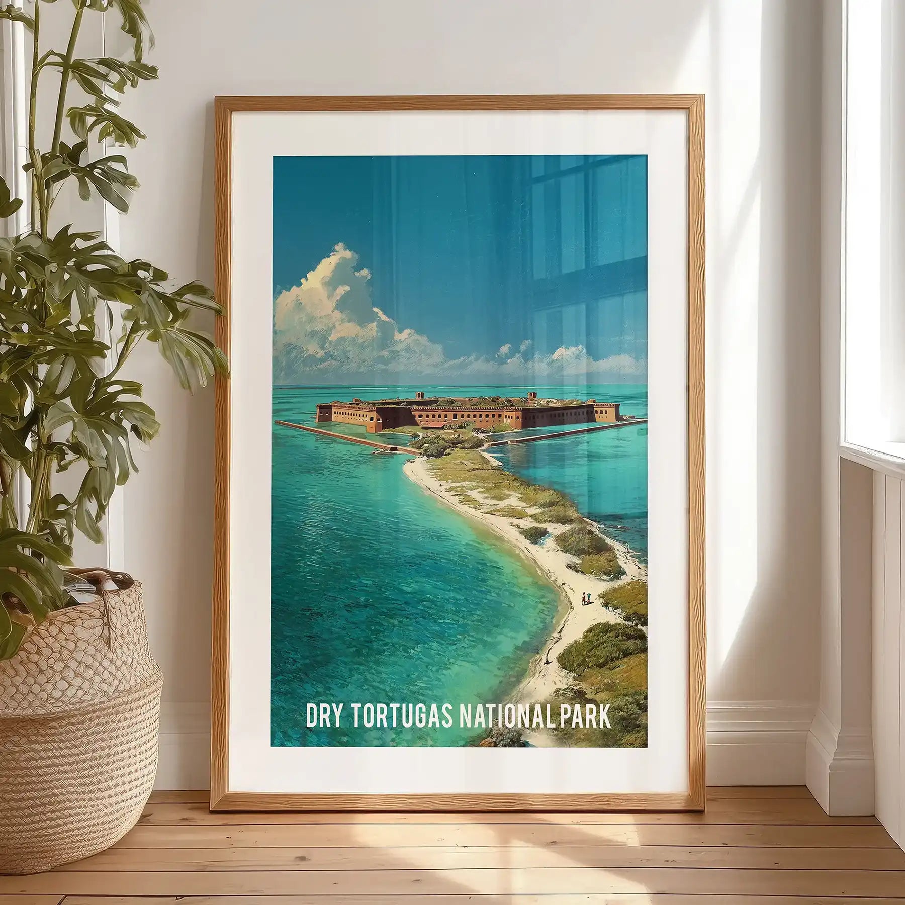 Dry Tortugas National Park coastline decorative art print leans propped against the wall in a black frame with mat, refining a quiet bedroom nook.