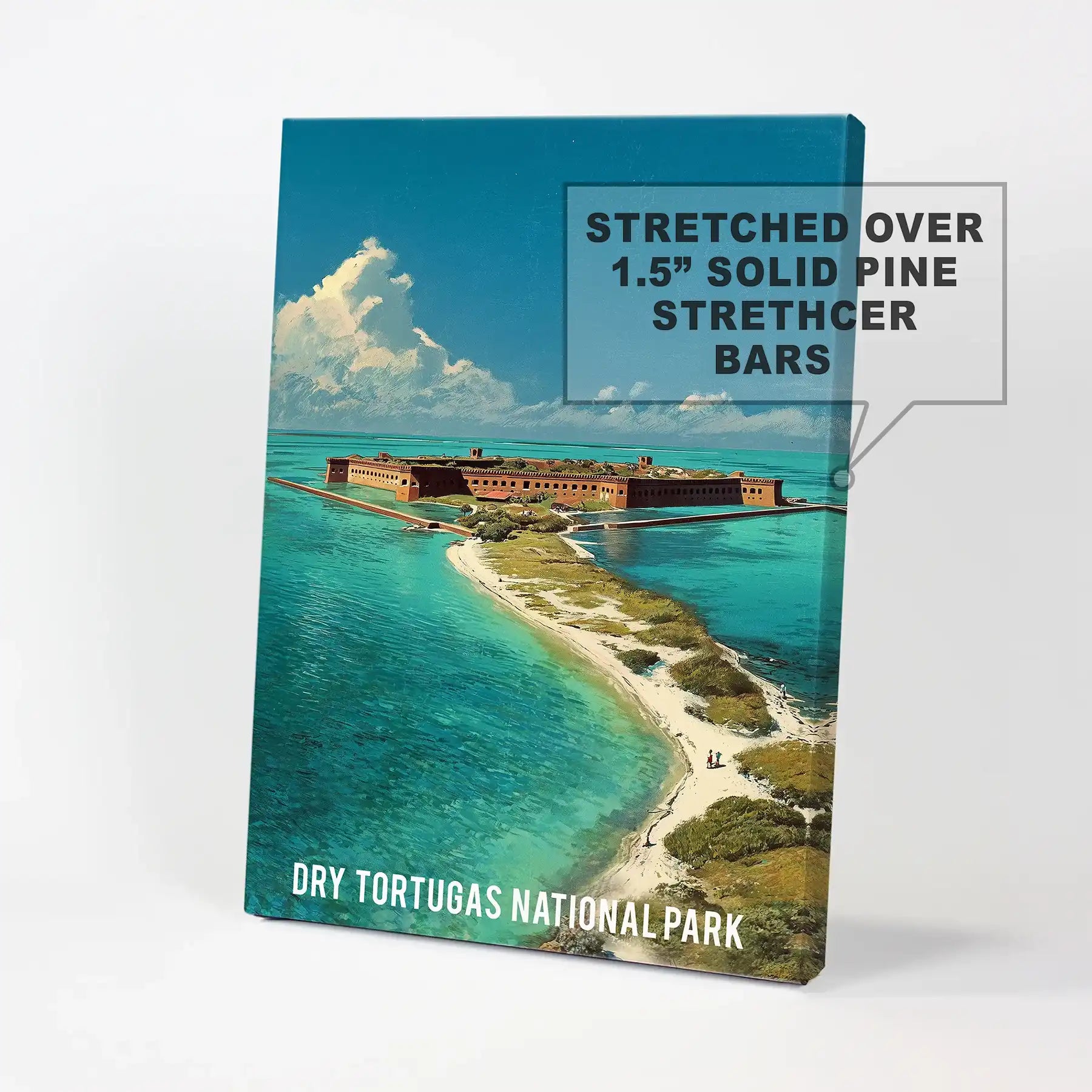 Fort Jefferson sea fort art print arrives as a wrapped canvas print, ready to hang as bold coastal wall art with a classic travel-poster feel.