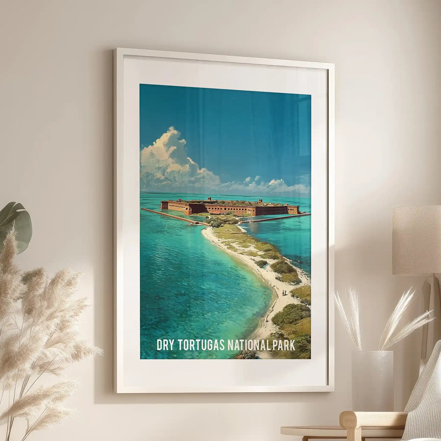 Large vintage Florida Keys travel artwork lends summer ease beside an accent chair, its white mat frame keeping the sitting room light.