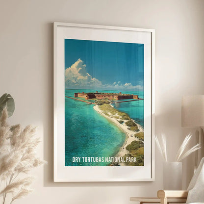 Large vintage Florida Keys travel artwork lends summer ease beside an accent chair, its white mat frame keeping the sitting room light.