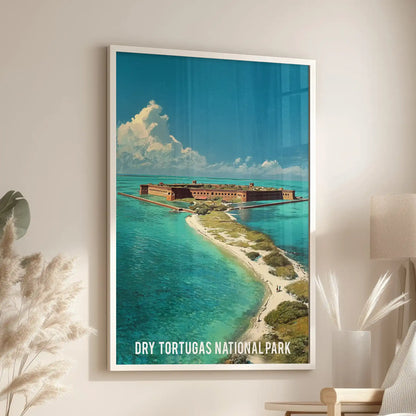 Fort Jefferson sea fort statement poster grounds the space over a lounge seat in the living room, finished with a crisp white frame.