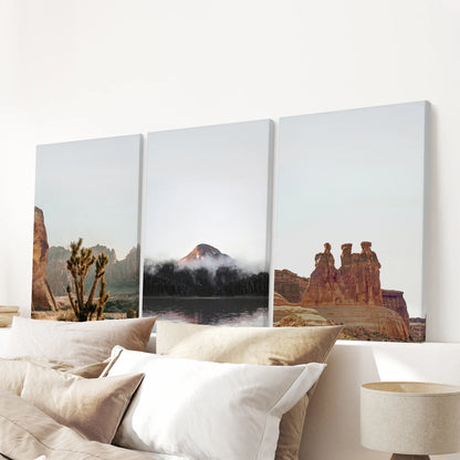 Utah canyon vistas poster set of three on unframed canvas creates a soft, earthy focal point above the bedroom headboard.