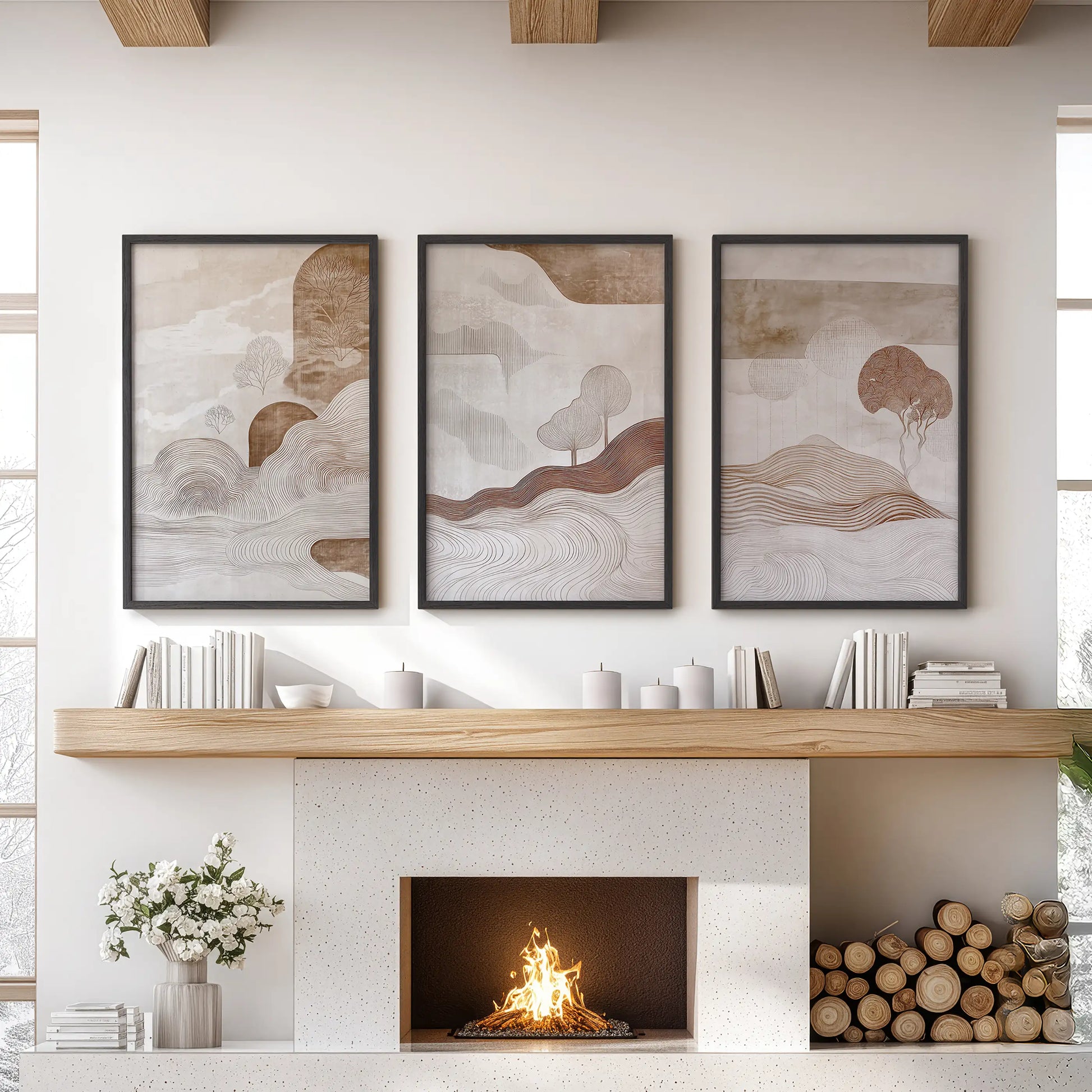 Three earth-toned landscape prints in black frames form warm wall art above the fireplace, grounding the lounge with rustic harmony.