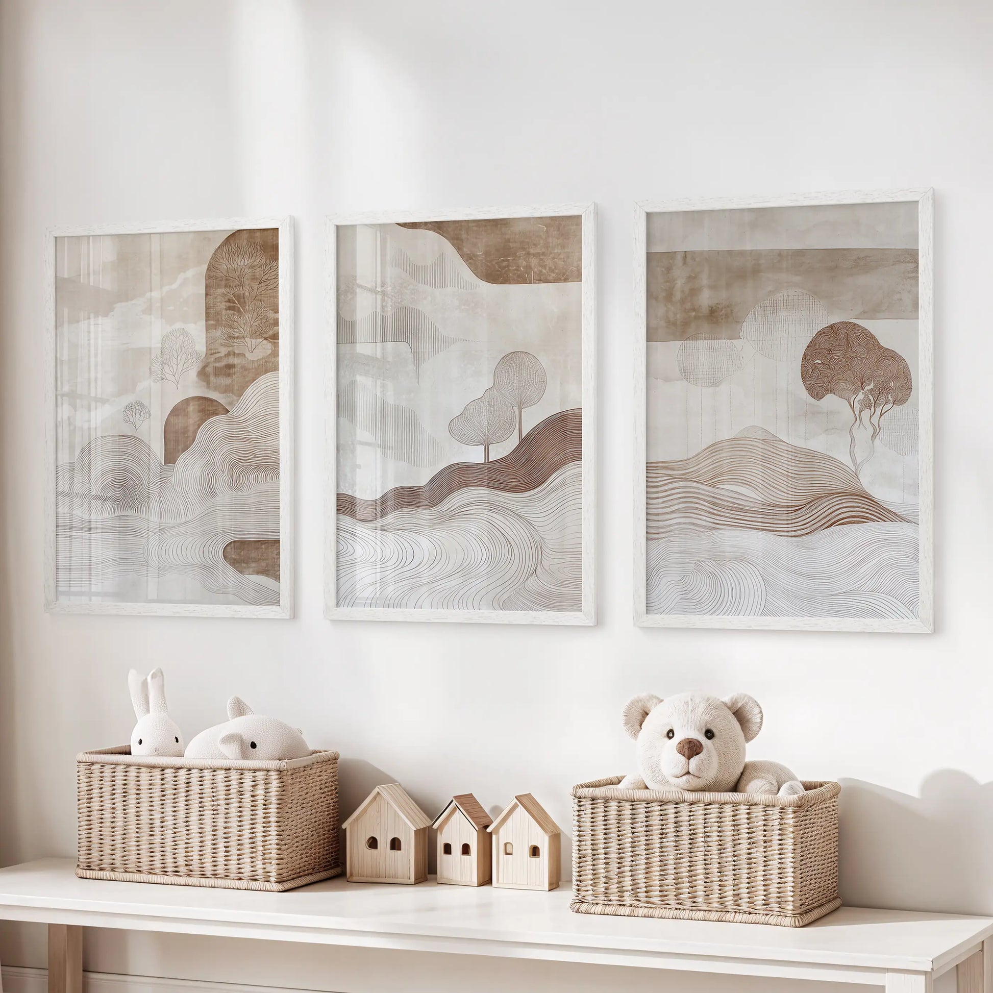 Earth-toned abstract landscapes wall art in three pieces, set in white frames, brightens a children’s room above the storage bench with ease.