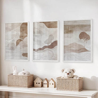 Earth-toned abstract landscapes wall art in three pieces, set in white frames, brightens a children’s room above the storage bench with ease.