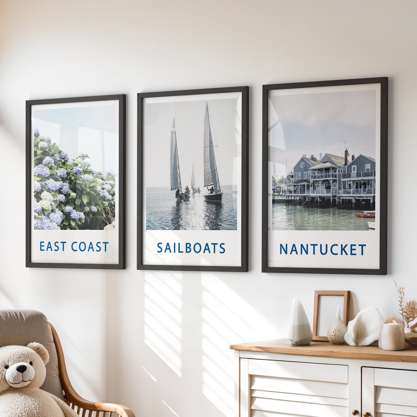 Nantucket Art Set of 3. Blue Hydrangeas, Classic Sailboats Prints