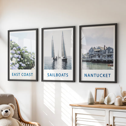 Nantucket Art Set of 3. Blue Hydrangeas, Classic Sailboats Prints