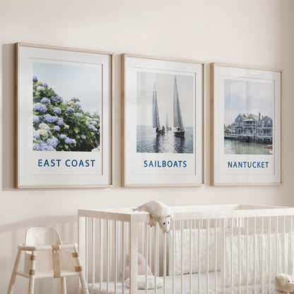 Nantucket Art Set of 3. Blue Hydrangeas, Classic Sailboats Prints