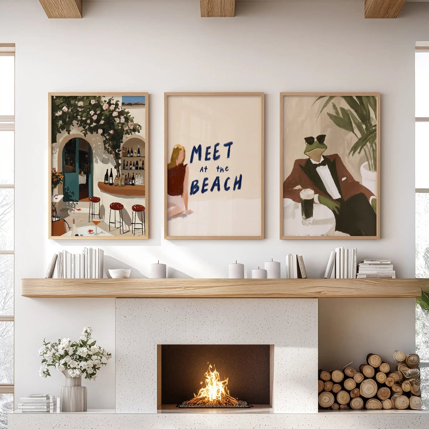 Wine bar prints, a set of three in oak frames, anchor the family room above the hearth with rich bottle tones and vintage flair.