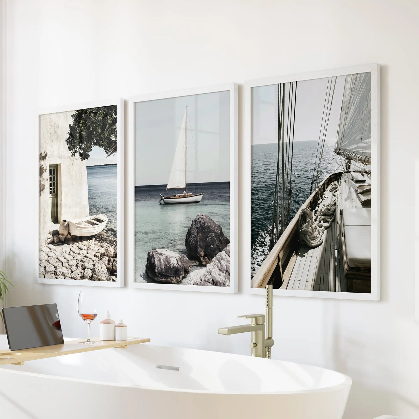 European seaside village art, 3 piece wall art, comes in white frames and hangs above the soaking tub, lending spa-calm coastal texture to the bathroom.