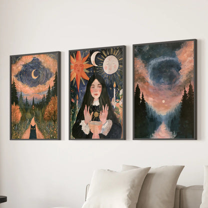 Enchanted woodland-at-night wall art trio in black frames anchors the lounge, layered over the couch with misty trees and a starlit hush.