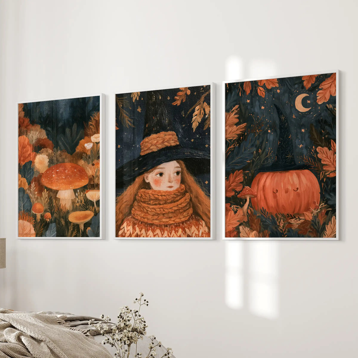 Moody fall woodland set of 3 wall art prints, framed in clean white, settles beside the bedroom wall by the bed for an atmospheric touch.