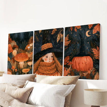 Mushrooms and pumpkins three-piece canvas wall decor hangs above the bedroom headboard, a wrapped-canvas trio with rich, autumn woodland color.
