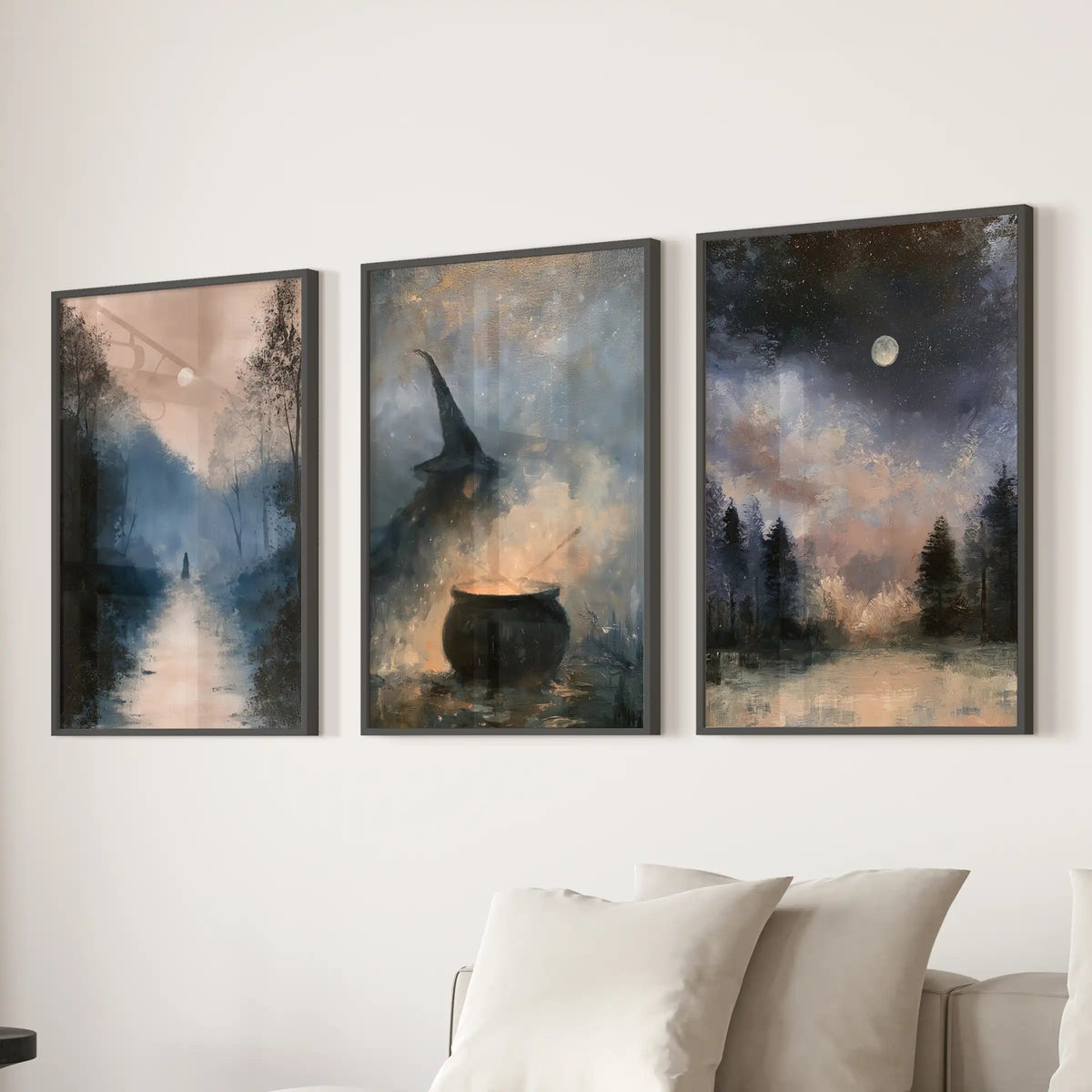 Enchanted woodland set of 3 art prints brings moody forest wall art to a lounge; black-frame finish lines up cleanly above the sofa.