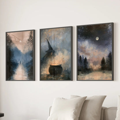 Enchanted woodland set of 3 art prints brings moody forest wall art to a lounge; black-frame finish lines up cleanly above the sofa.