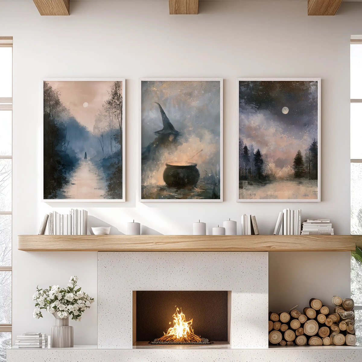 Crescent moon over pines wall prints form a set of three in white frames, centered above the sitting room fireplace.