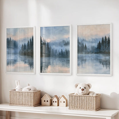 Pine forest triptych wall art in bright white frames centers over the storage bench, bringing airy mist and evergreen silhouettes to a calm kids room.