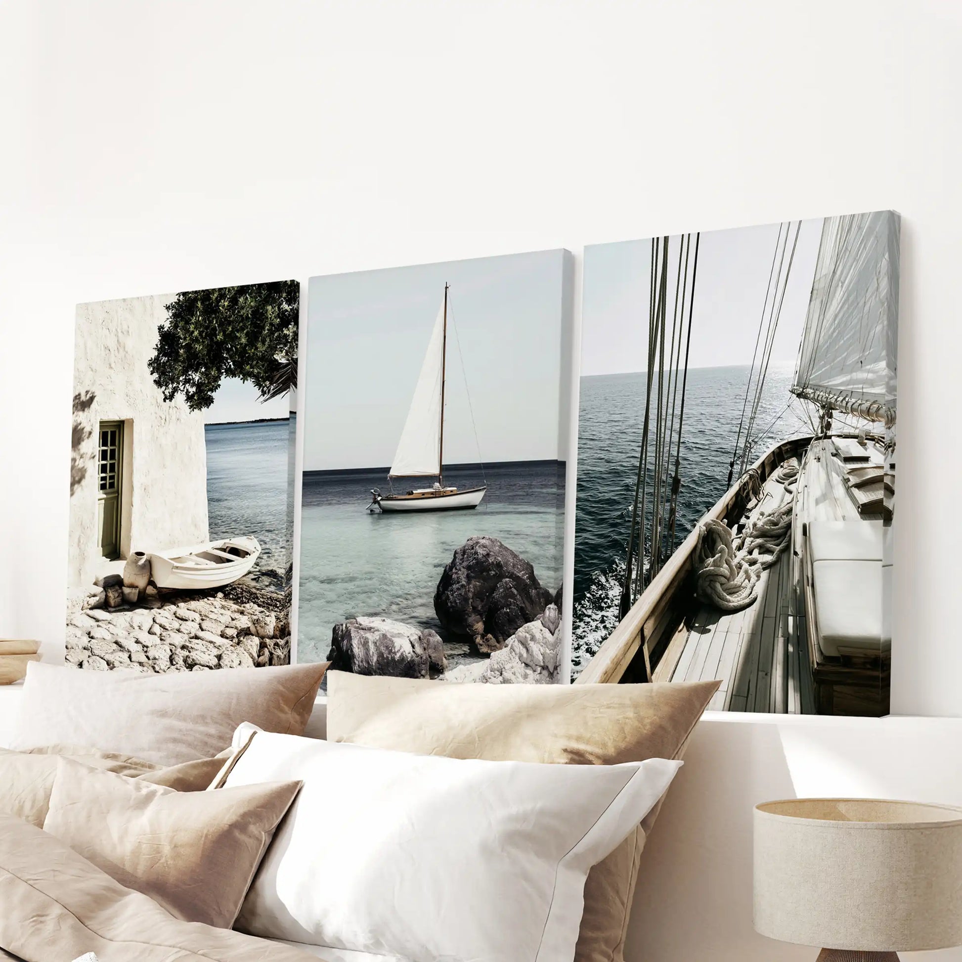 Sunlit marina canvases, 3-piece poster set, are gallery-wrapped and elevate the bedroom above the headboard with crisp edges and rich coastal color.