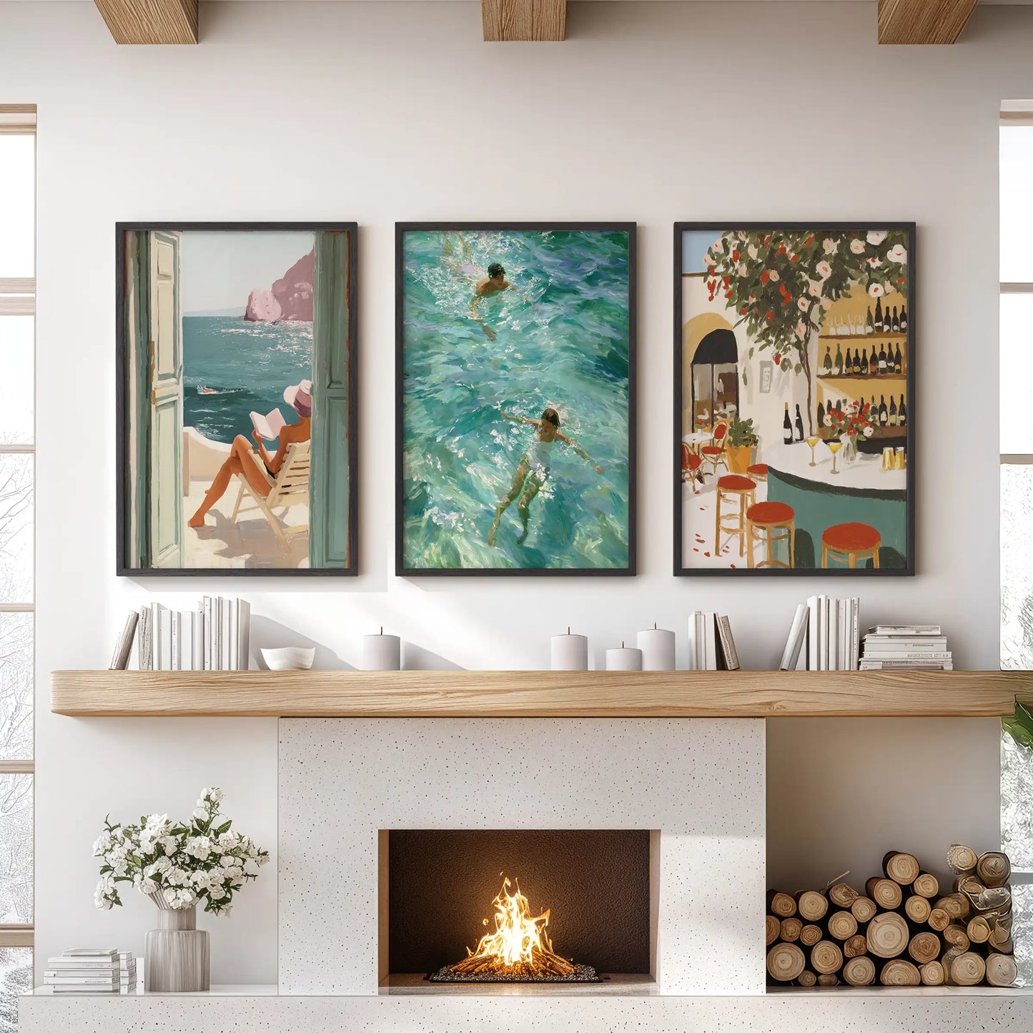 Amalfi Coast seascapes, art set of 3 framed wall prints, arranged over the living room mantel in slim black frames for a breezy coastal focal point.