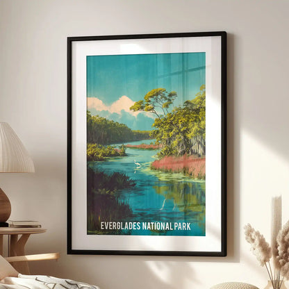Florida wetlands single wall art piece, set in a black frame with a wide mat, is styled above an accent chair in the living room for a crisp, modern look.
