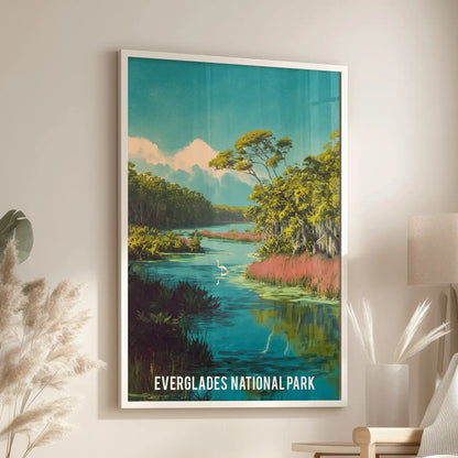 A white-framed artwork print of mangrove forests centers above a chair in the family room, casting a bright, quiet view of Everglades waters.