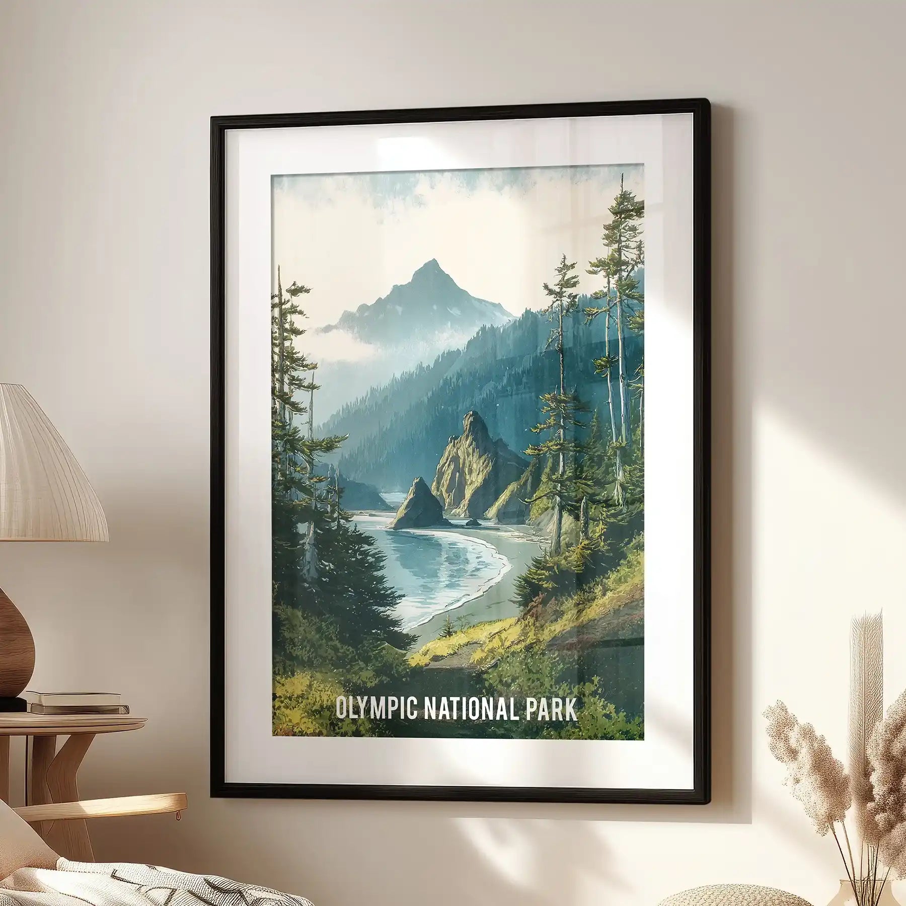 Hoh Rainforest mossy evergreens wall art piece, black frame with a white mat, centered above a lounge chair to bring cool, shaded greens into a relaxed family room.